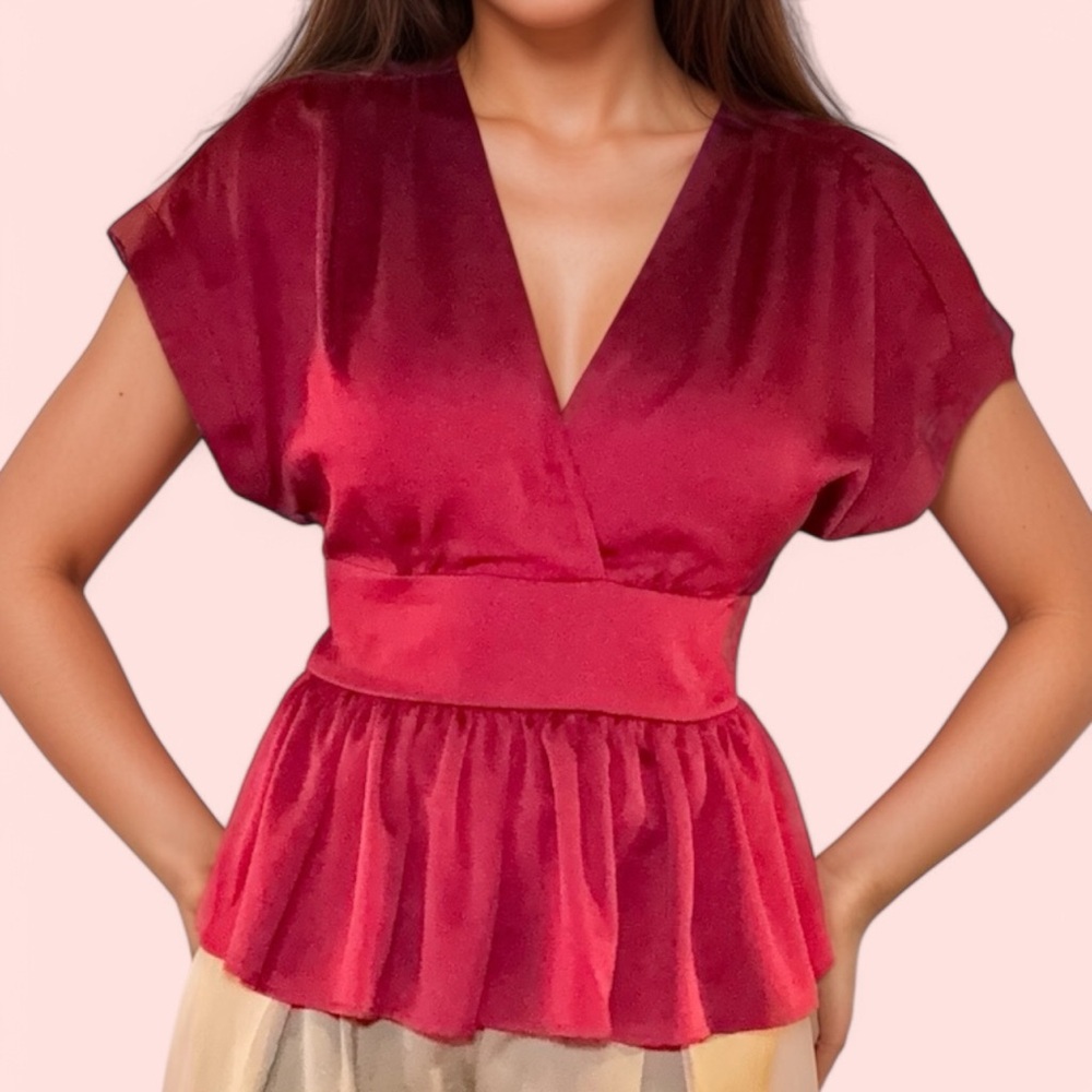 Express romantic red peplum satin-y top